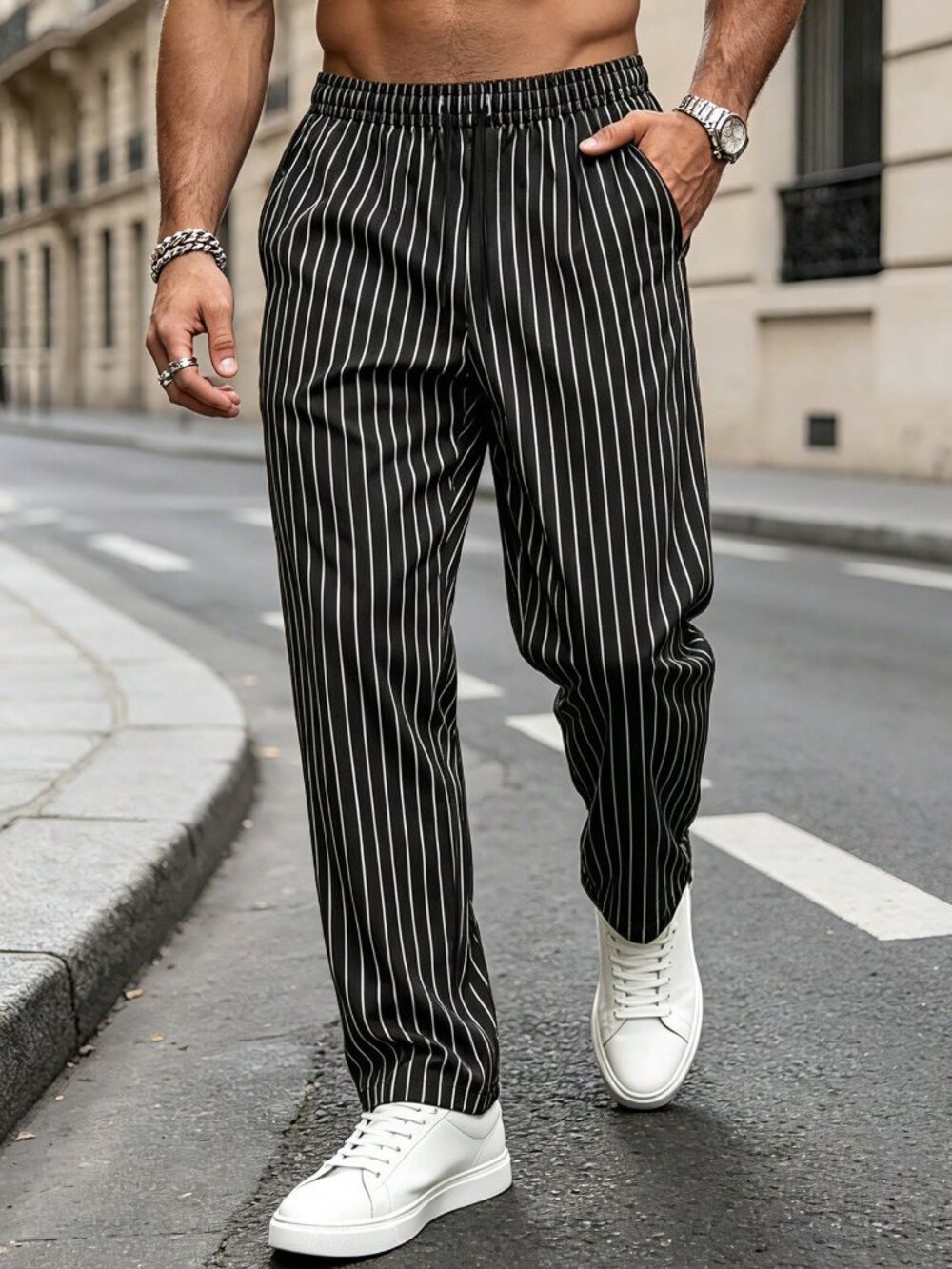 Black and White Striped Men's Long Track Pants